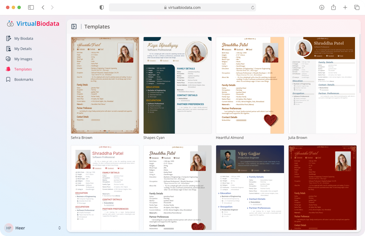 Selecting a Marriage Biodata template from multiple design options